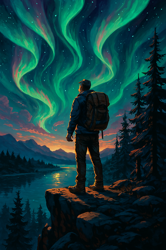 Hiker under northern lights