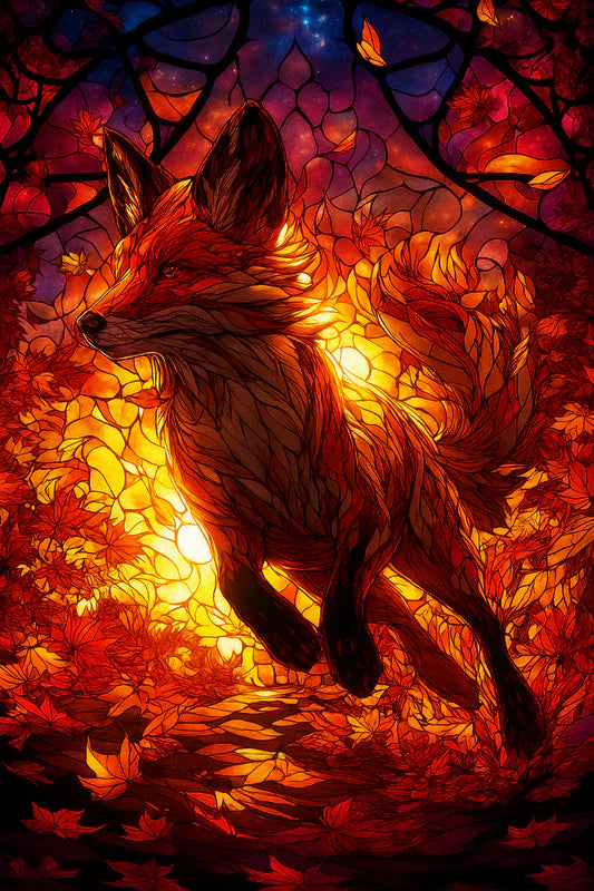 Stained Glass Radiant Fox at Dawn