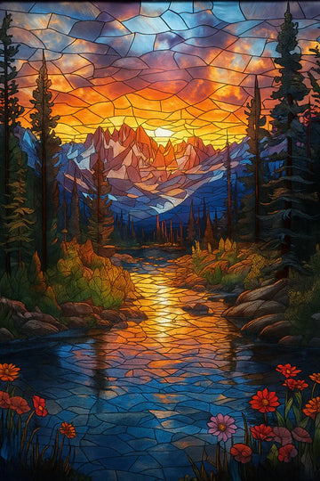 Stained Glass Mountain Serenity at Sunset