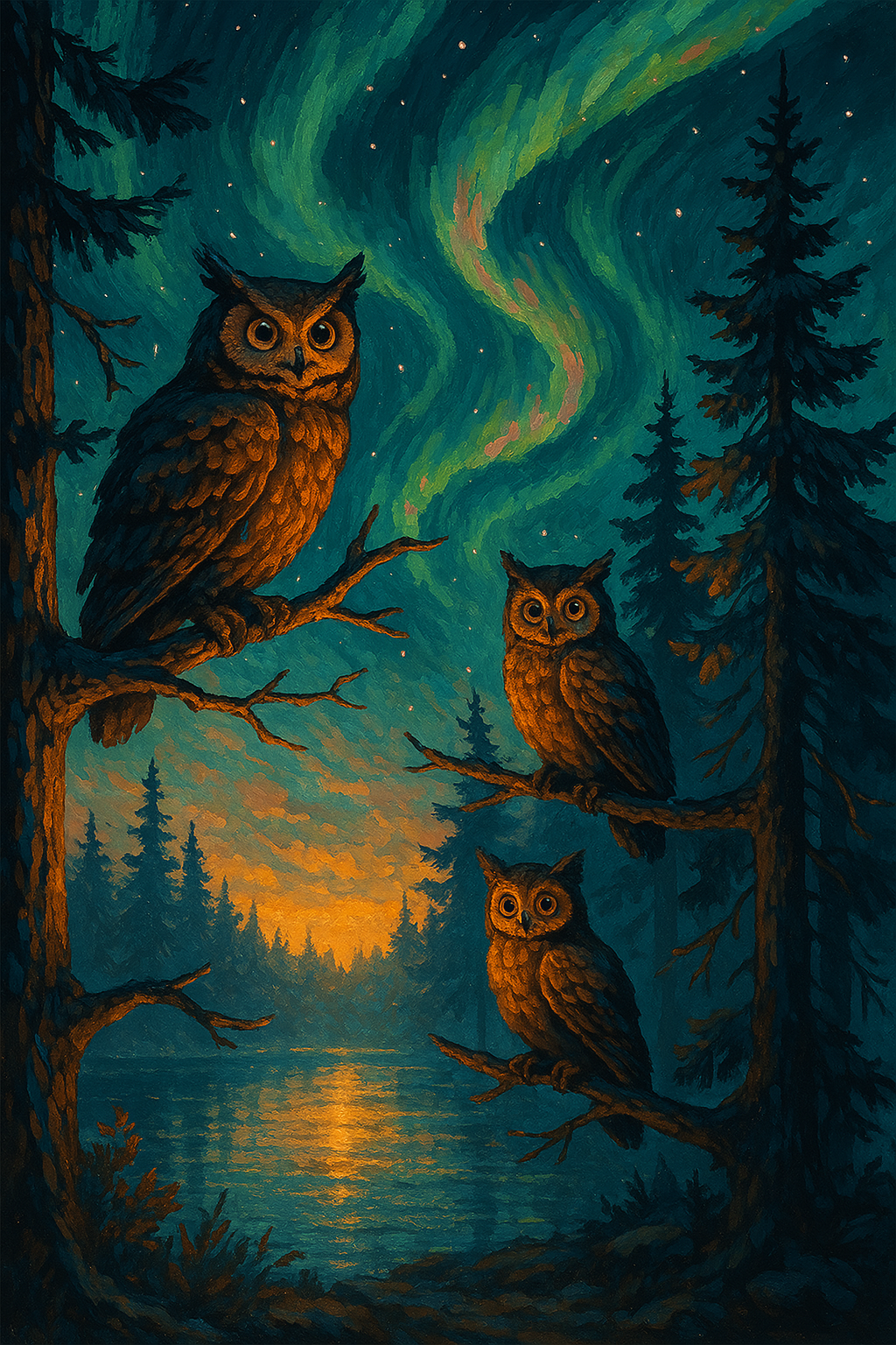 Owls under northern lights