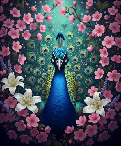 Peacock in Pink Blossoms