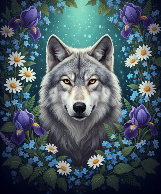 Grey Wolf in Floral Wreath