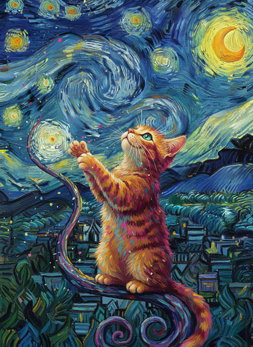 Cat Chasing a Starry Night