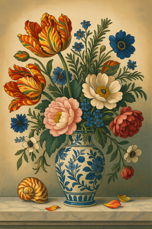 Parrot Tulips and Peonies in Delft Vase