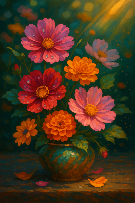 Cosmos and Marigolds in Morning Light