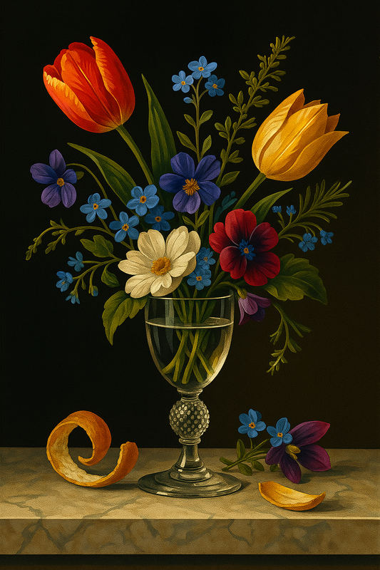 Tulips and Violets in Glass
