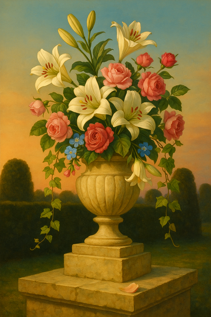 Urn of Lilies and Roses at Sunset