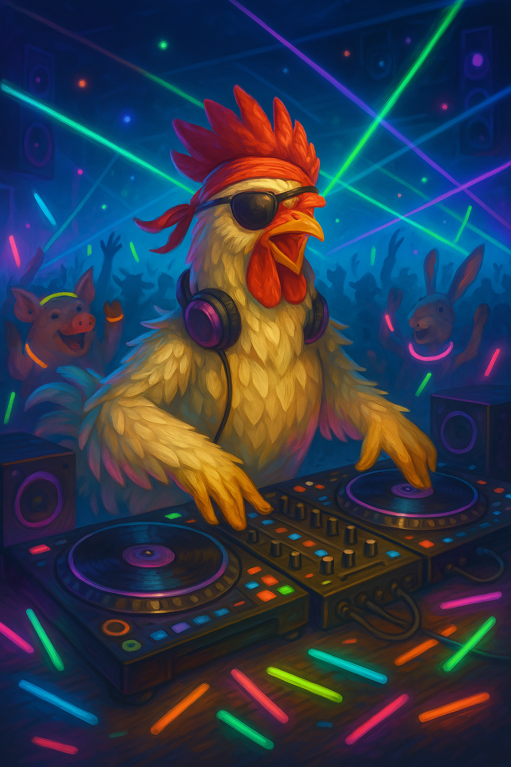 DJ Chicken in a Neon Club