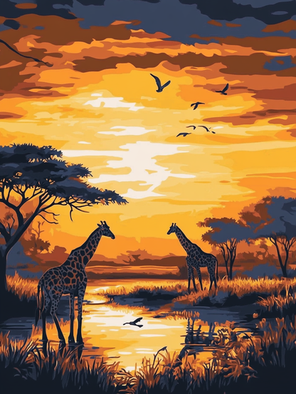 Giraffes, Golden Savannah Sunset