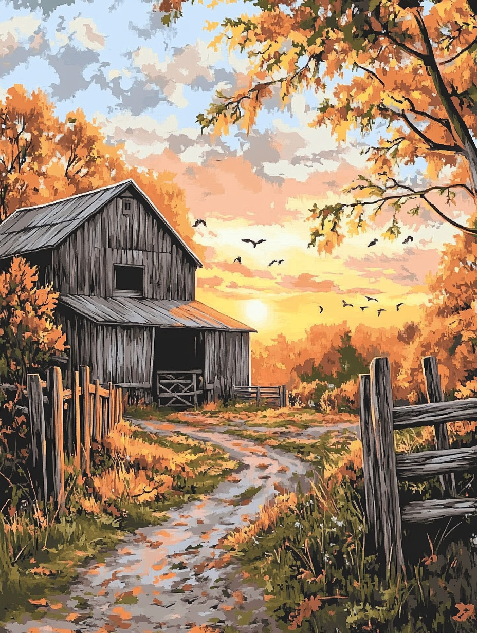 Farmstead, Golden Dusk Sky