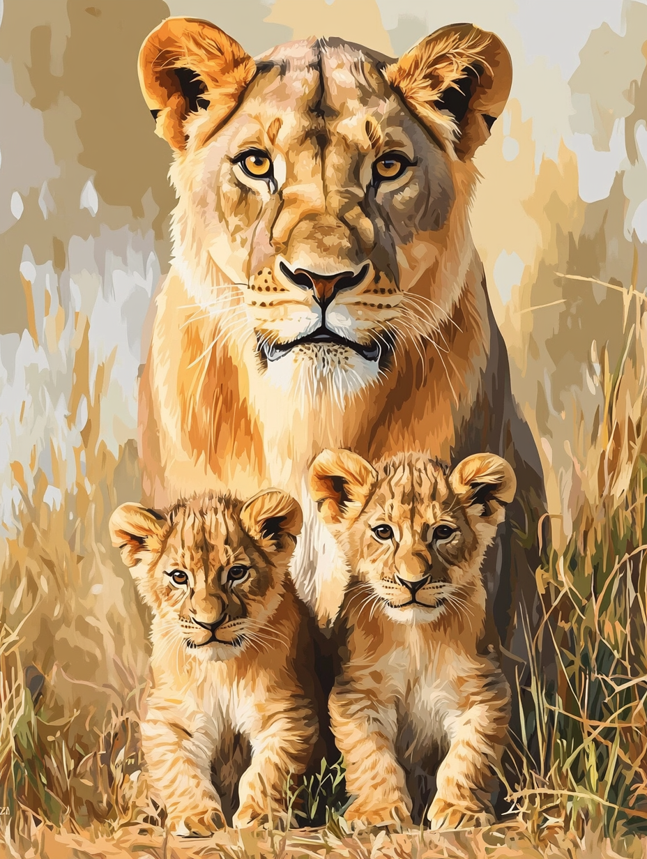 Lioness and Cubs, Golden Grass