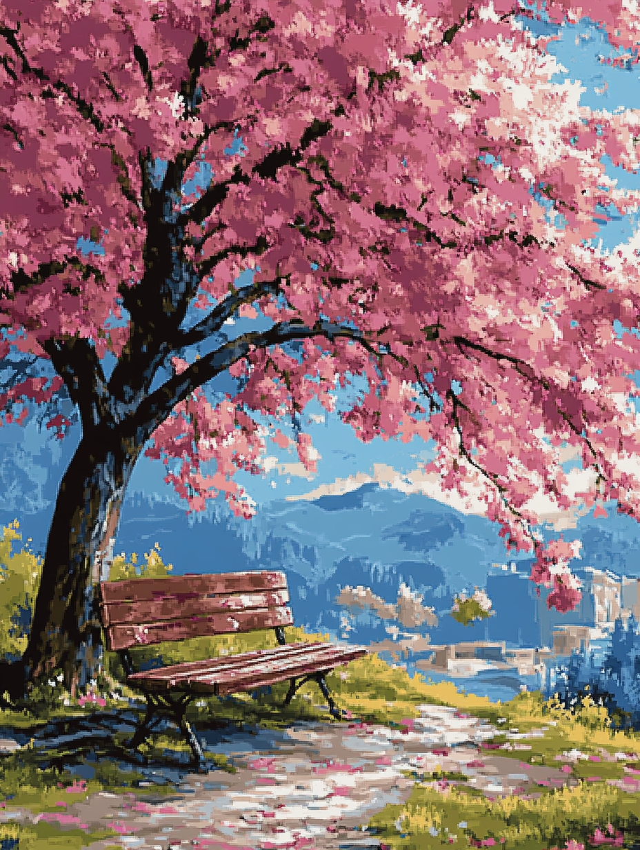 Bench Under Pink Blossom Tree