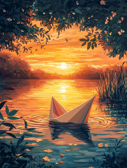 Paper Boat, Golden Sunset Lake
