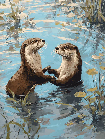 Two Otters, Pond Embrace