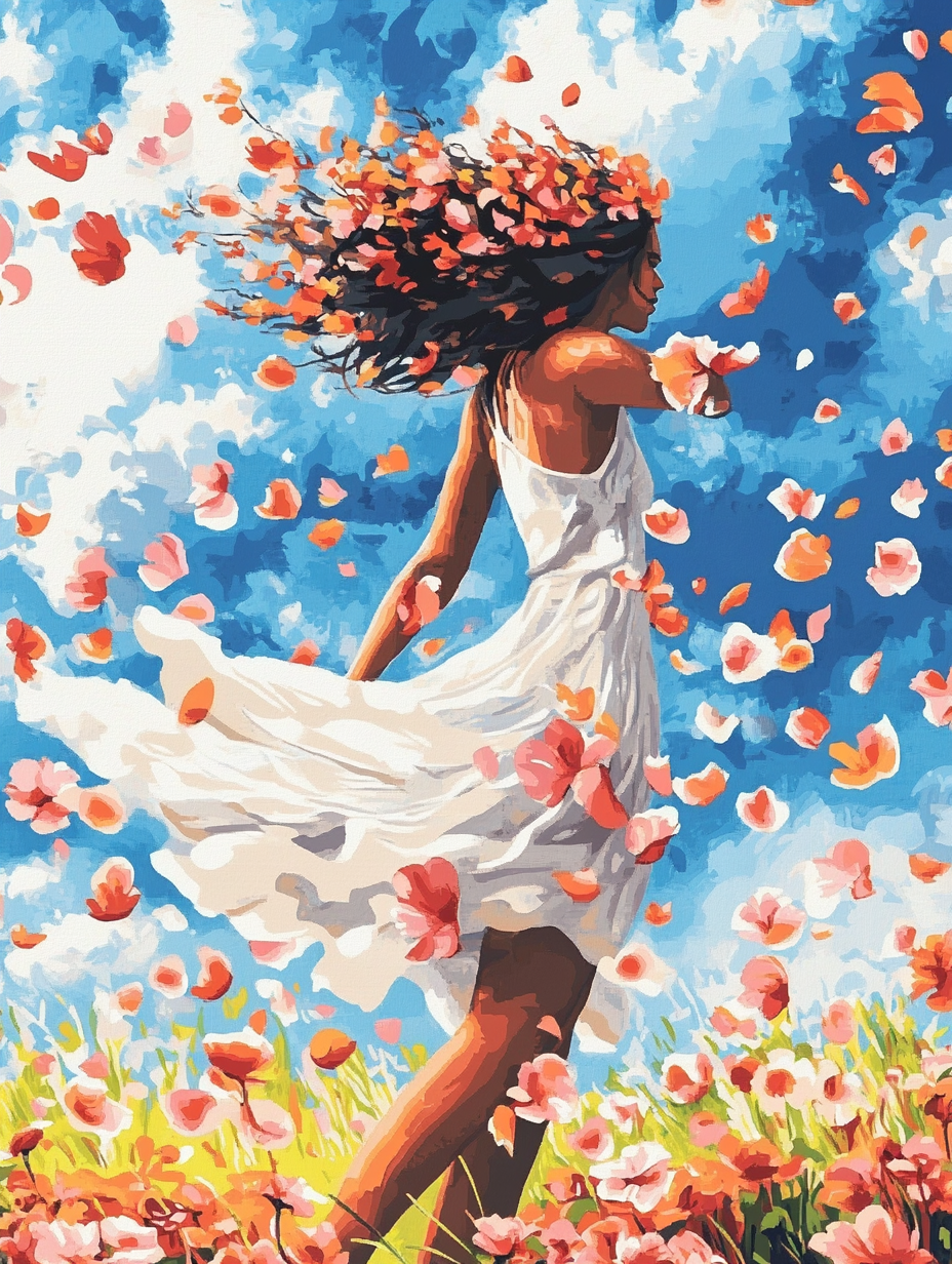 Woman, Petals in the Wind
