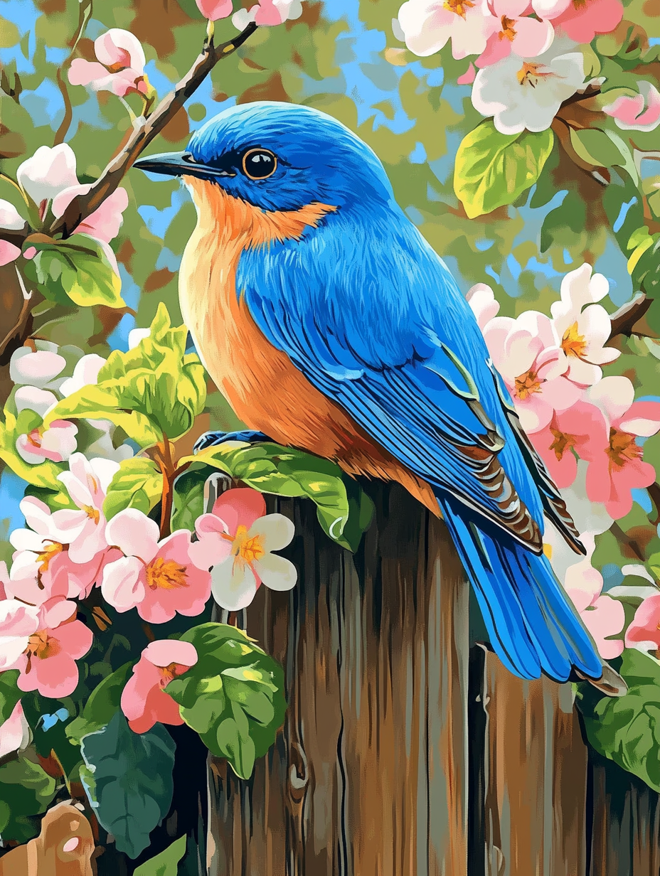 Orange & Blue Bird, Spring Bloom