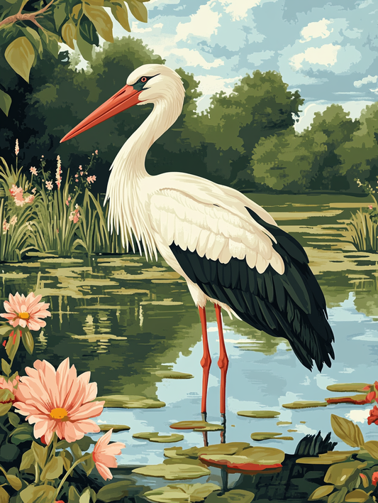 White Stork, Lily Pond Flowers