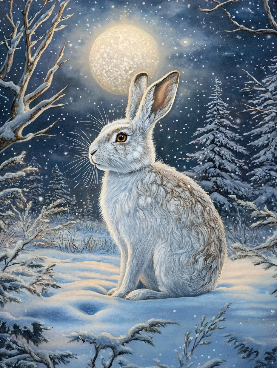 White Rabbit, Snowy Forest Night
