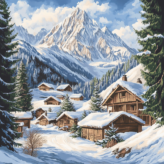 Winter Cabin Mountain Scene