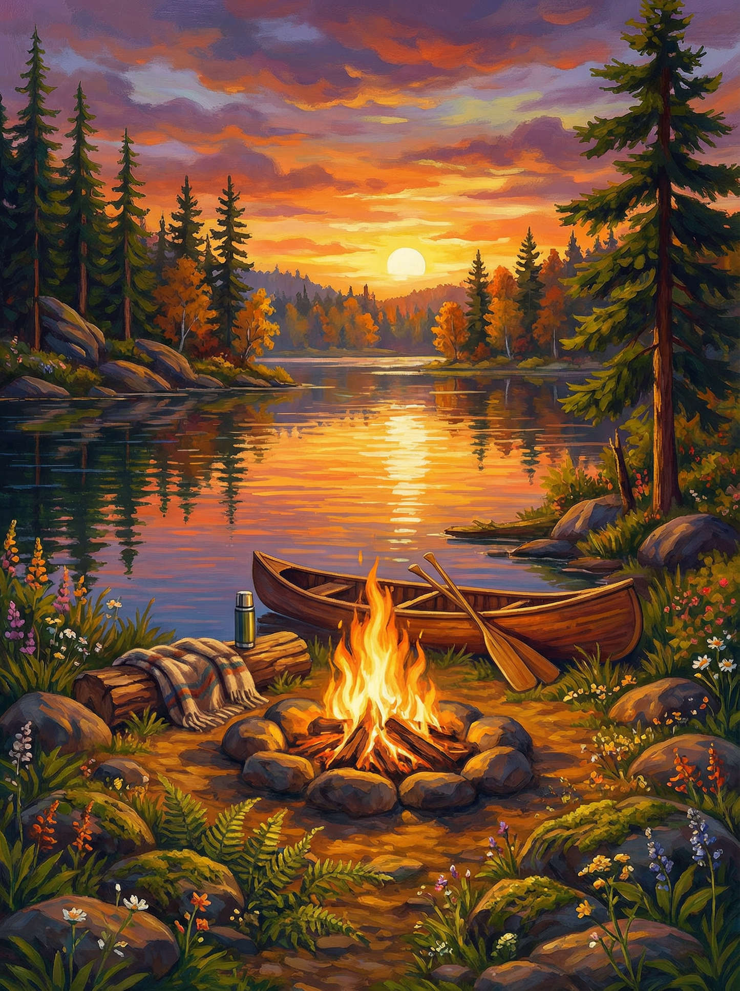 Golden Sunset Lake Campfire Canoe