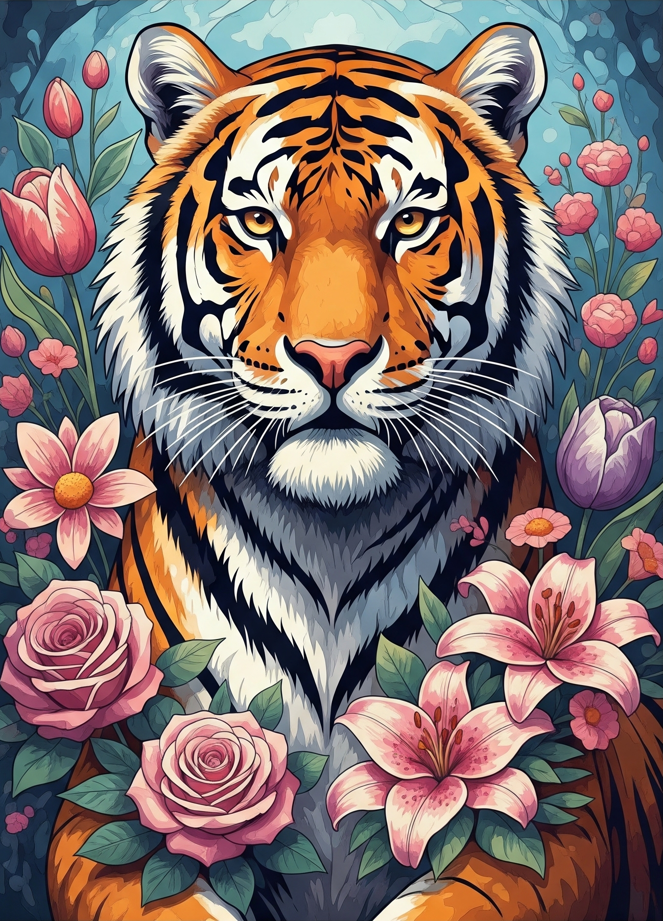 Tiger in Rose Garden Stillness